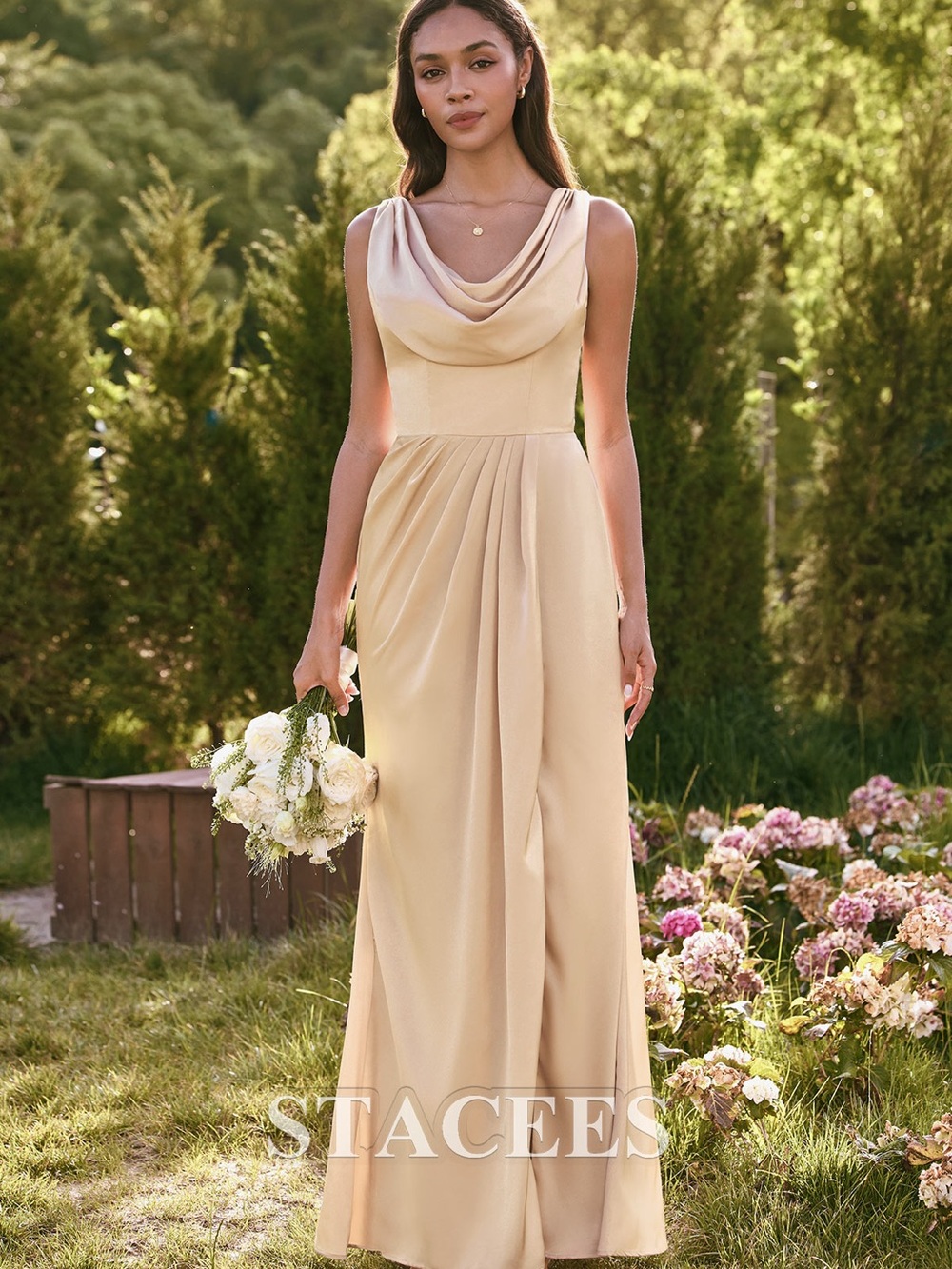 NWT Stacees Champagne Cowl Neck Floor Length Formal Bridesmaid Gown Size 6